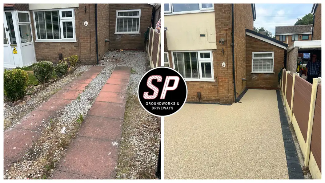 Before and after: Gravel and path to cream resin by S P Groundworks & Driveways - the kind of job we do across Whitefield