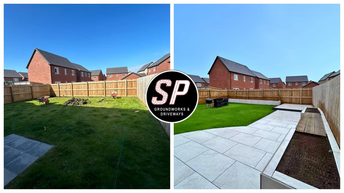 Before and after: New-build lawn to porcelain patio by S P Groundworks & Driveways - the kind of job we do across Chadderton